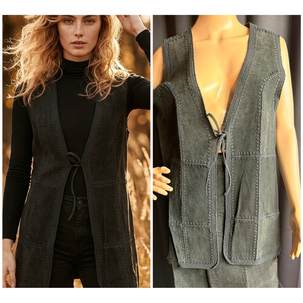 Vintage Black Suede Whipstitch Crochet Trim Boho Vest M Western Whimsigoth Indie